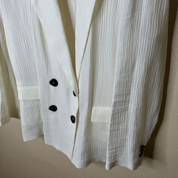 Zara Blazer Women's Large White Wrinkle Look Ecru Double Breasted Oversized - Picture 2 of 13